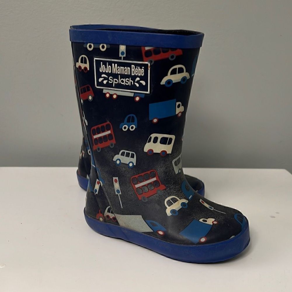 Jojo Maman Bebe Splash Kids' Black Blue Cars Rubber Rain Boots Size 5